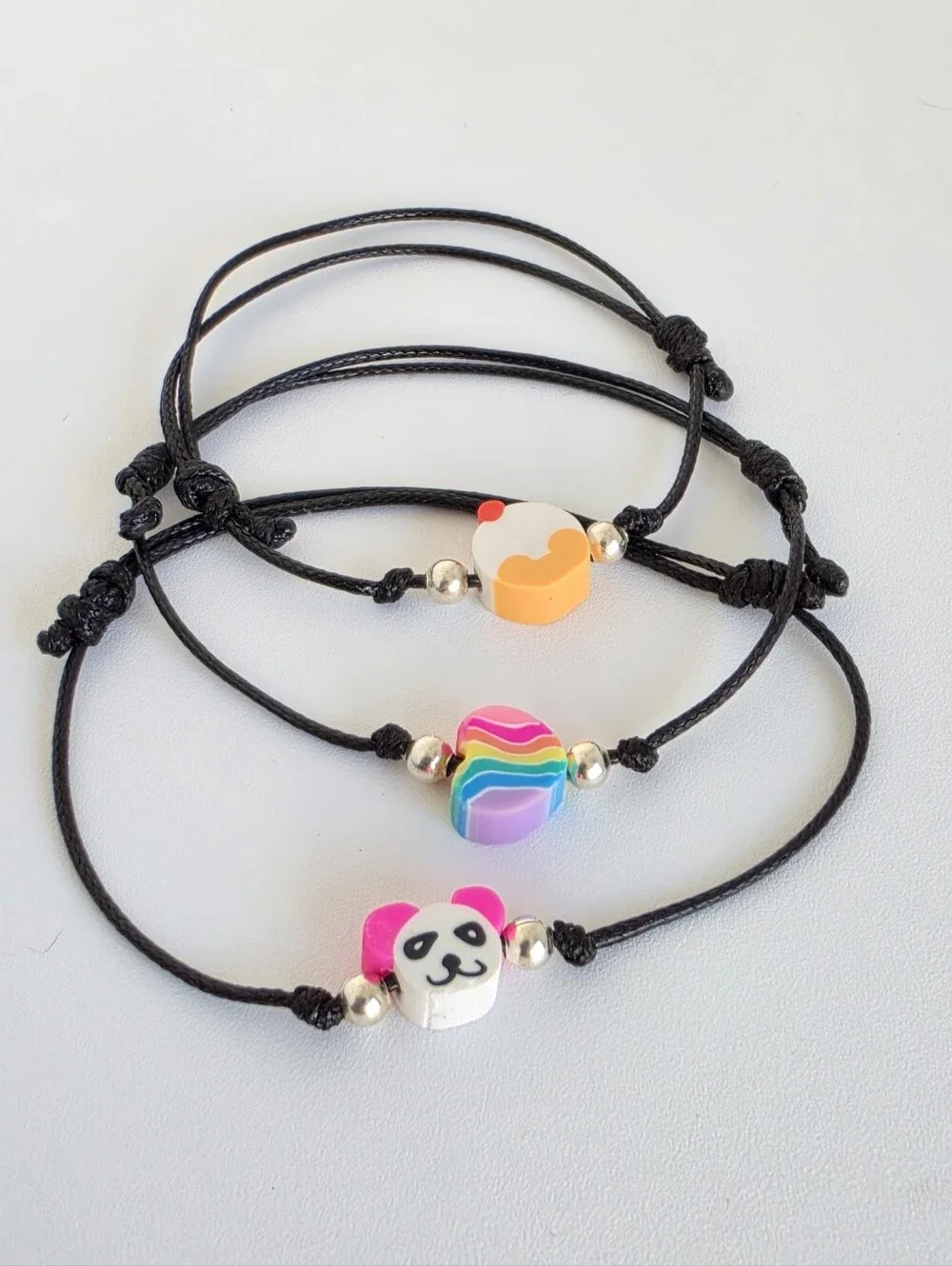 Set of 3 Handmade Adjustable Kawaii Cord Bracelets Panda Rainbow Cupcake